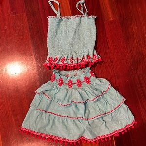 Turquoise Tank top and skirt set with red flower and Pom Pom details